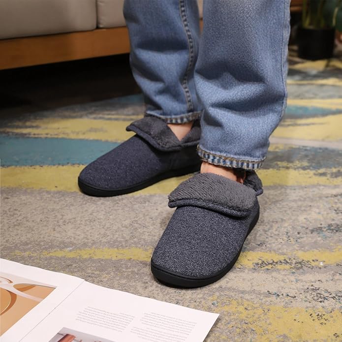 Men’s Knit Bootie Slippers Warm Fold-Over Ankle Collar Plush Fleece Lined Memory Foam House Shoes Cozy Winter Non-Slip Indoor Outdoor Slippers for Men