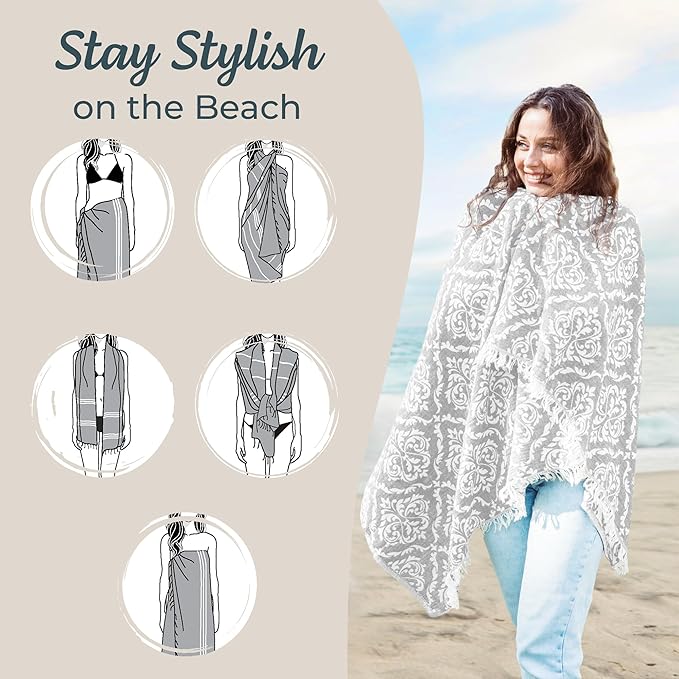 Premium Turkish Beach Towel (35”x 67”) – Lightweight, Quick Dry Beach Towel, Sand-Free, 100% Cotton – Ren Grey Color