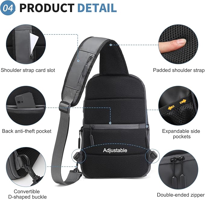 Men's Sling Bag, Convertible Anti Theft Sling Backpack, 11" One Shoulder Crossbody Backpack with USB Charging Port for Working Travel Daily, Dark Grey