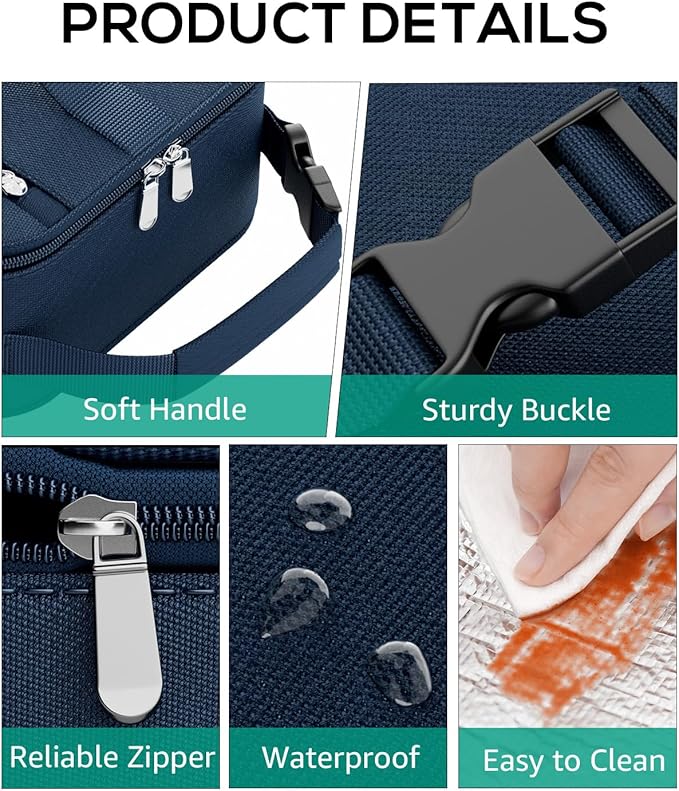 HowFly Small Lunch Bag - Insulated Lunch Box Bag for Women Men - Portable Thermal Reusable Meal Cooler Bags with Buckle Handle for Work School - Navy Blue