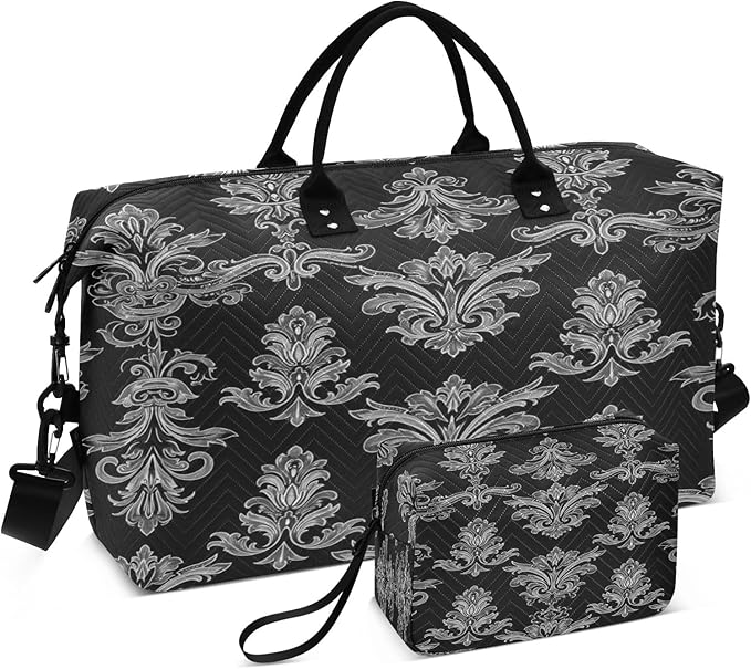 Black Damask Baroque Floral Travel Duffle Bag Gym Yoga Carry on Bags for Men Women Weekender Bag