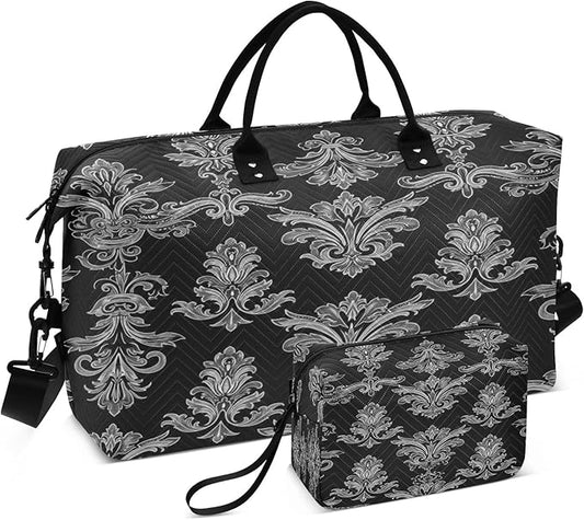 Black Damask Baroque Floral Travel Duffle Bag Gym Yoga Carry on Bags for Men Women Weekender Bag