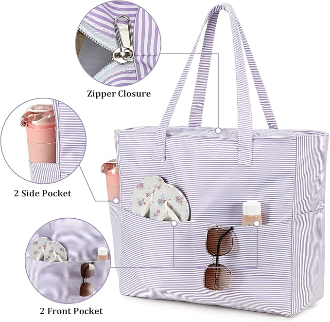 LEDAOU Large Beach Bag Women Waterproof Sandproof Zipper Beach Tote Pool Bag for Swim Gym Grocery Travel with Wet Pocket | Waterproof, Sandproof, Zipper, Pool, Gym, Grocery