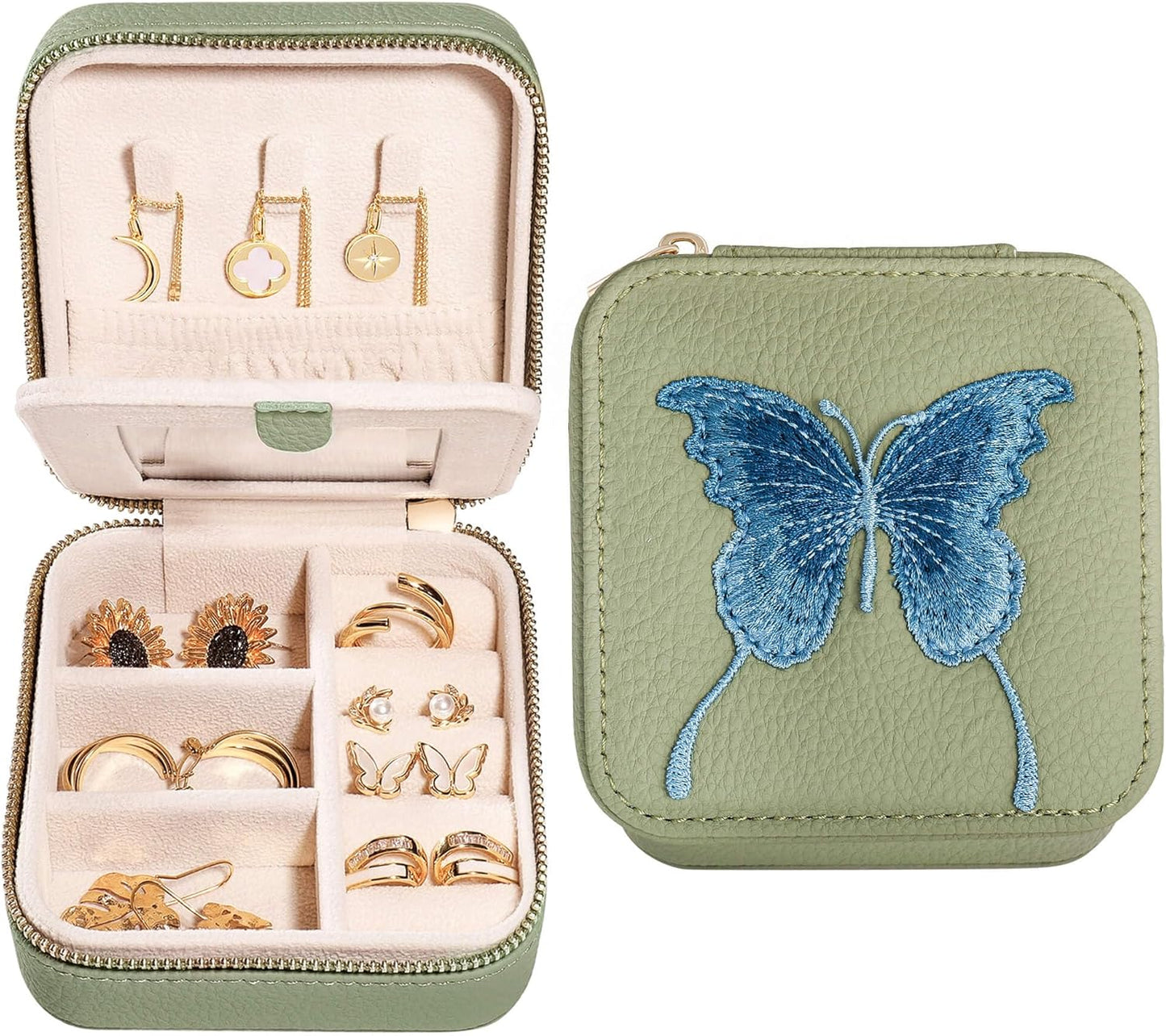 S.Leaf Travel Jewelry Organizer Travel Jewelry Boxes for Women Small Jewelry Travel Case Box Portable Travel Jewelry Case Travel Case Mini Jewelry (03_Lychee_Butterfly_Blue)