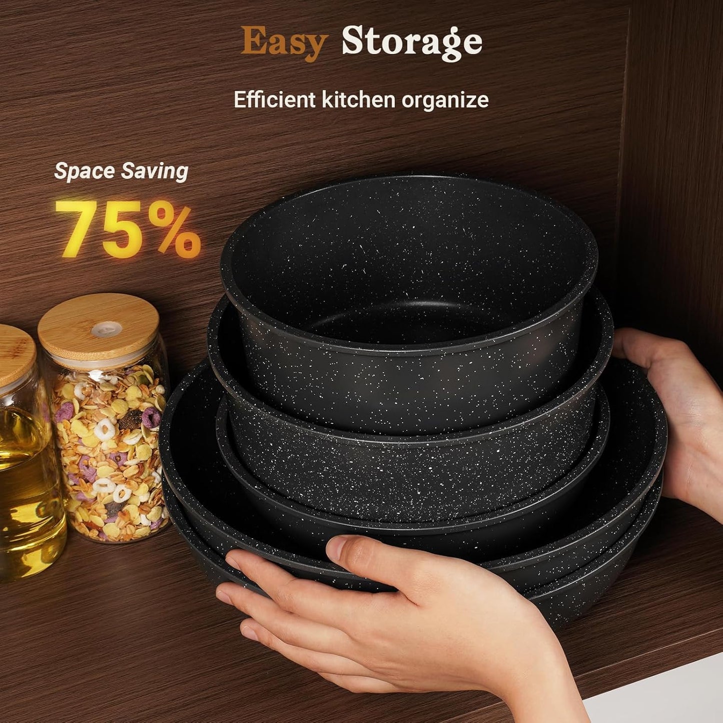 15Pcs Pots and Pans Set Non Stick, Cookware Sets with Detachable Handle, Nonstick RV Kitchen Cooking Tools Removable Handles, Oven Safe, Induction Fast, Stackable Induction Cookware,Black