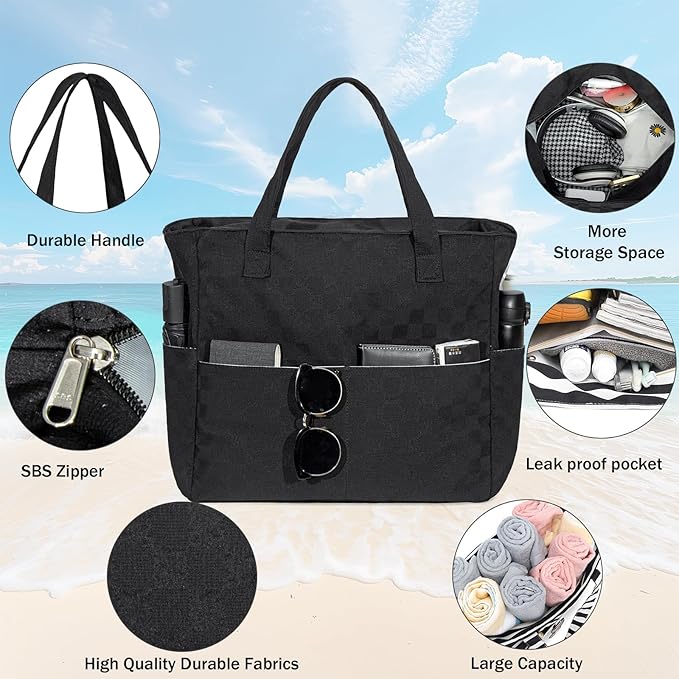 LEDAOU Beach Bag Waterproof Sandproof Women Beach Tote Pool Bag with Zipper for Swim Gym Grocery Travel with Wet Pocket | Sandproof, with Zipper, for Gym, Grocery, Travel, with Wet Pocket