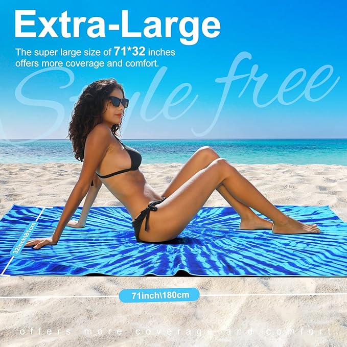 4 Packs Lightweight Thin Microfiber Beach Towel Oversized Quick Dry Compact Sandproof Clearance Towels Sand Free Camping Swimming Pool Easy Pack Essentials Women AdultsBohemian Blue Vortex Stripes