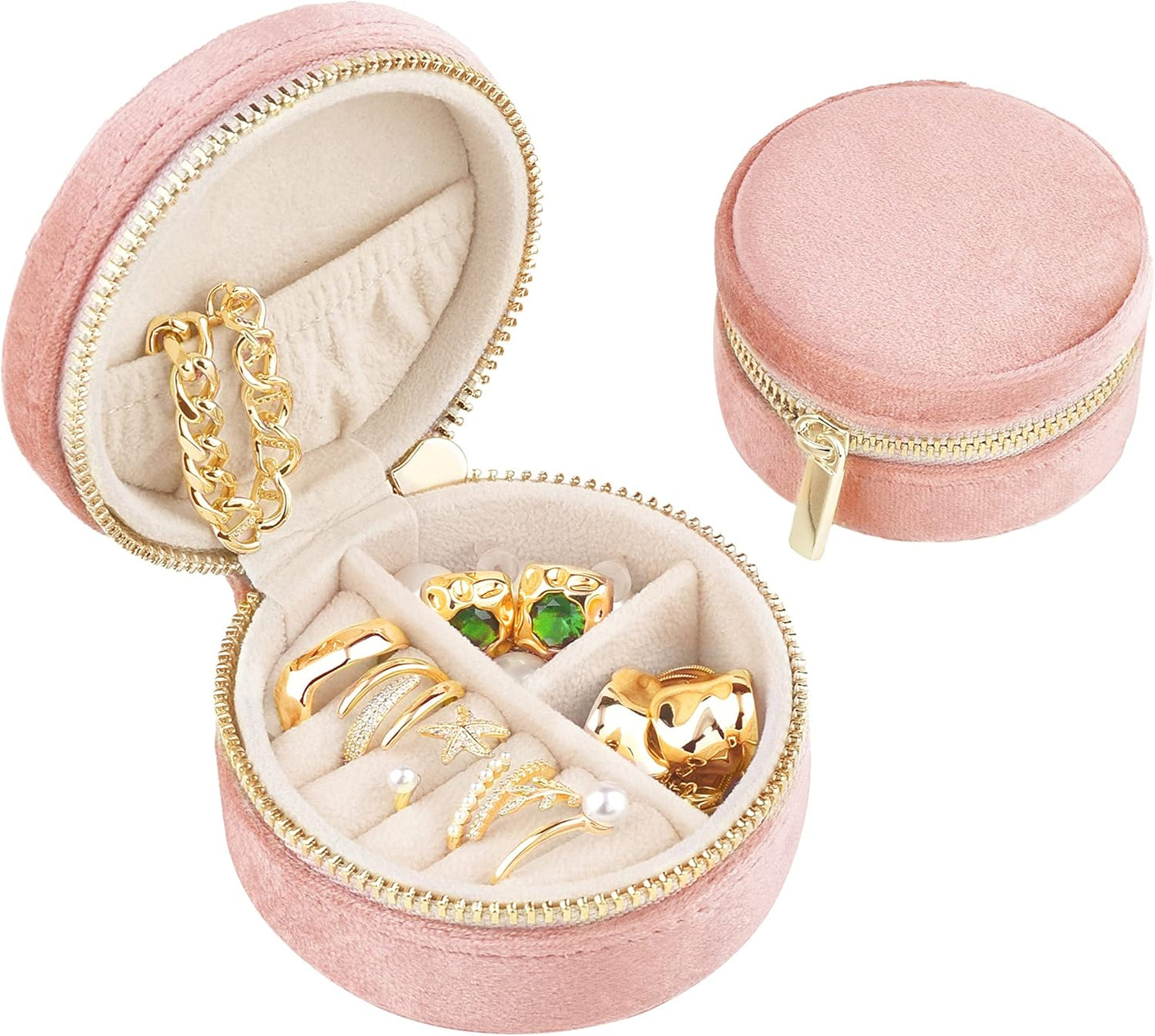 TAIMY Travel Jewelry Box, Mini Round Velvet Travel Jewelry Case for Women Girls, Portable Small Jewelry Travel Organizer Boxes for Rings Earrings Necklaces Bracelets(Blush Peach)