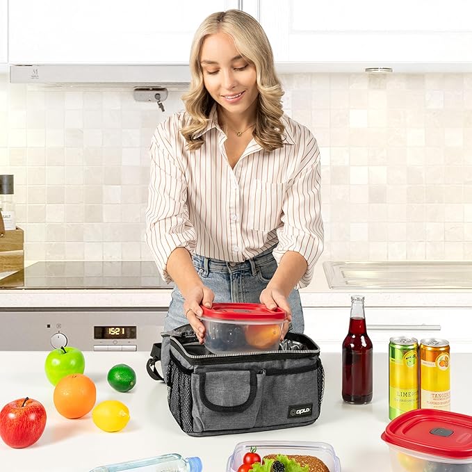 opux Lunch Box for Men, Adult Lunch Box Cooler, Insulated Lunch Bag Women, Dual Compartment Lunchbox for Work, Leakproof Double Decker Lunch Bag, Soft Lunch Pail Tote Boys Girls Kids School, Gray
