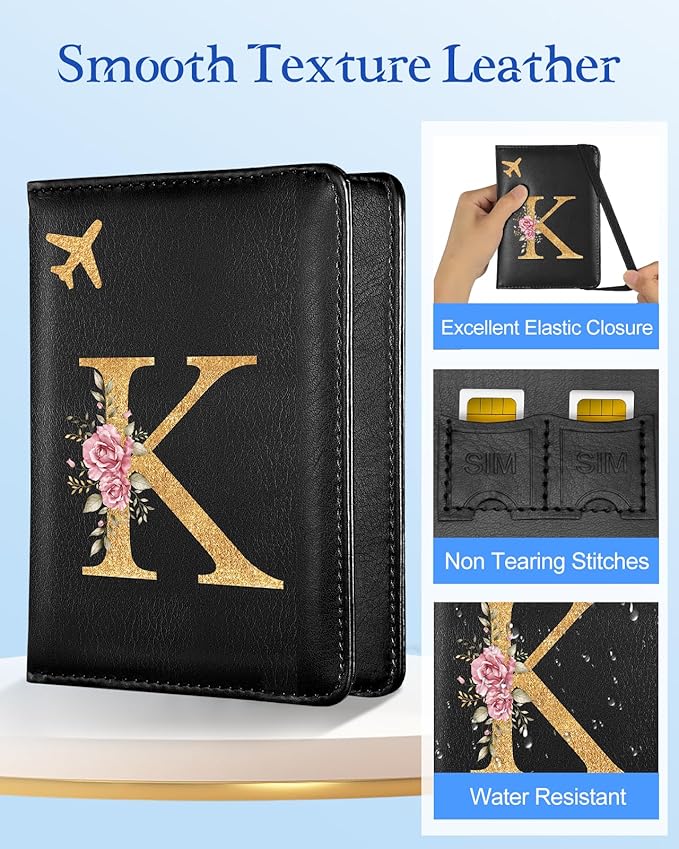 Slohif Initial Passport Holder Cover Wallet Case for Travel Women - Leather Letter Passport Book Family Multiple Personalized Organizer Slim Carrier Card Slots Protector Sleeve Essentials Black K