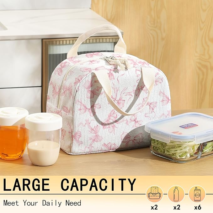 Insulated Lunch Box for Women and Men,Corduroy Lunch Bags for Work,Leakproof Adults Cooler Tote Bag for Offices,Picnic,Travel,Outdoor (Pink Bow)