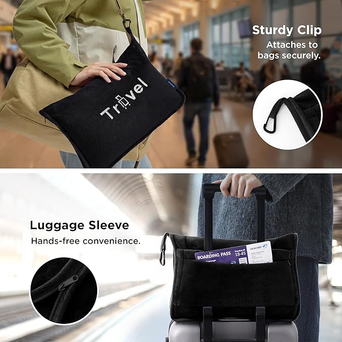 Bedsure Travel Blanket and Pillow Set with Inflatable Neck Pillows, Eye Mask and Storage Bag, Lightweight 3-in-1 Airplane Packable Blanket, Compact Travel Essentials, Black