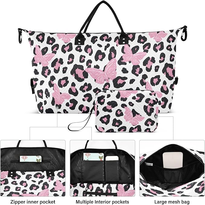 Travel Duffle Bag, Leopard Butterfly Gym Bag with Storage Bag Weekender Overnight Bag for Men Women Trip Sports Yoga