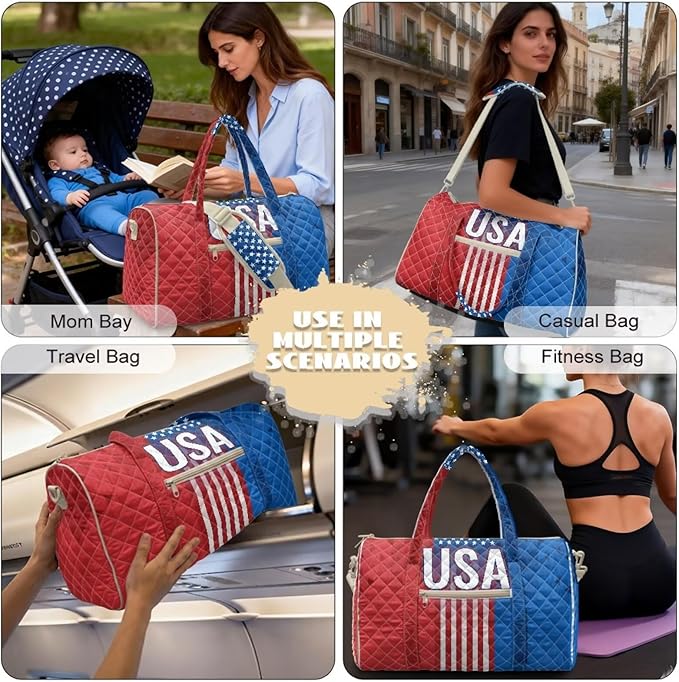 COEQINE American Flag Quilted Duffle Bag for Women Men Travel Red Blue USA Overnight Weekend Gym Carry On Luggage Bag Adjustable Shoulder Strap & Top Handle