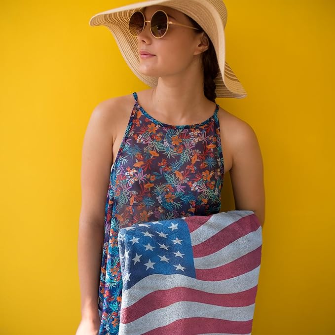 Waving USA Flag Beach Towel 30”x60” – 100% Cotton Velour, Highly Absorbent, Fast Drying, Easy Pack for Spring Break, Vacation, Beach, Pool, Sunbathing – Lightweight, Compact for Travel - Novelty Gift