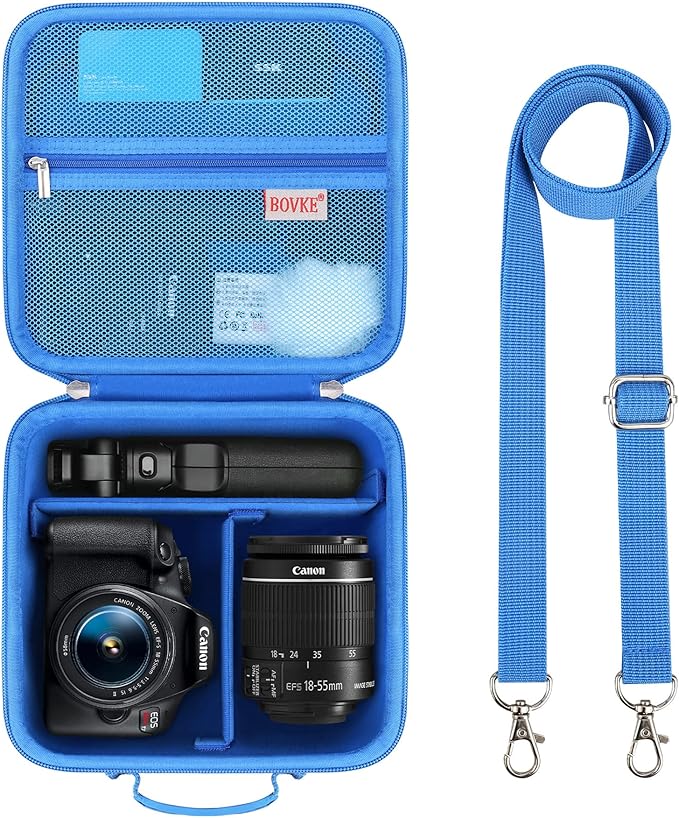 BOVKE Travel Camera Case for Canon EOS Rebel T7/R50/R6 Mark II/R100/R50 V/T6/R8/R10/R5 Mark II/RP/R7/R5/T100 and Other DSLR SLR Cameras, Extra Lens and Tripod with Dividers & Shoulder Strap, Blue