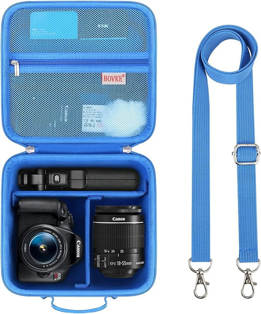BOVKE Travel Camera Case for Canon EOS Rebel T7/R50/R6 Mark II/R100/R50 V/T6/R8/R10/R5 Mark II/RP/R7/R5/T100 and Other DSLR SLR Cameras, Extra Lens and Tripod with Dividers & Shoulder Strap, Blue