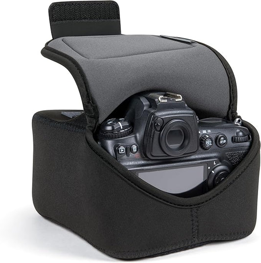 USA Gear Camera Sleeve (Large) for Mid-Size SLRs Compatible with Sony A7 V, Canon EOS R6 Mark II, Nikon Z50II & more - Padded Neoprene DSLR Case with Zipper Accessory Pocket & Belt Loop (Black)