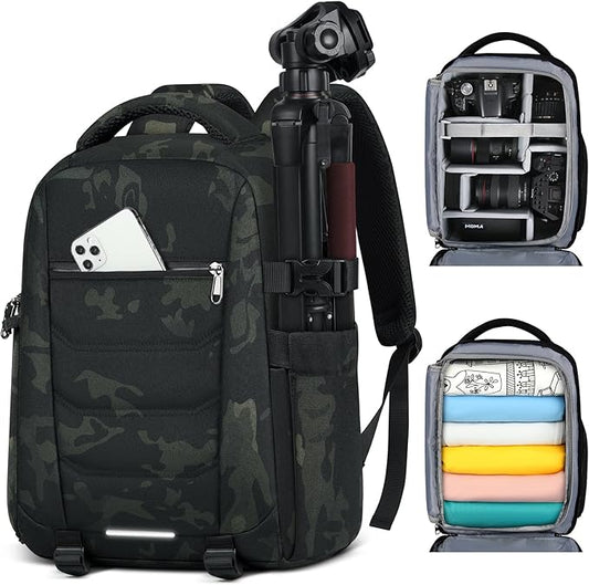 SDYSM Camera Bag Backpack Professional for DSLR SLR Mirrorless Camera Waterproof Laptop Back Pack 14 Inch with Rain Cover Anti Theft Travel Case Large Capacity Photography Backpack Camouflage