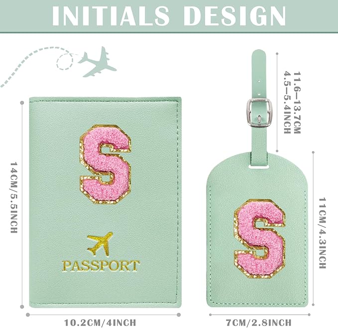 COSHAYSOO Initial Passport Cover Luggage Tag Set Letter Passport Holder Airplane Cruise Travel Essentials Vacation Traveling Accessories Personalized Gifts for Women Teen College Girls Teal S
