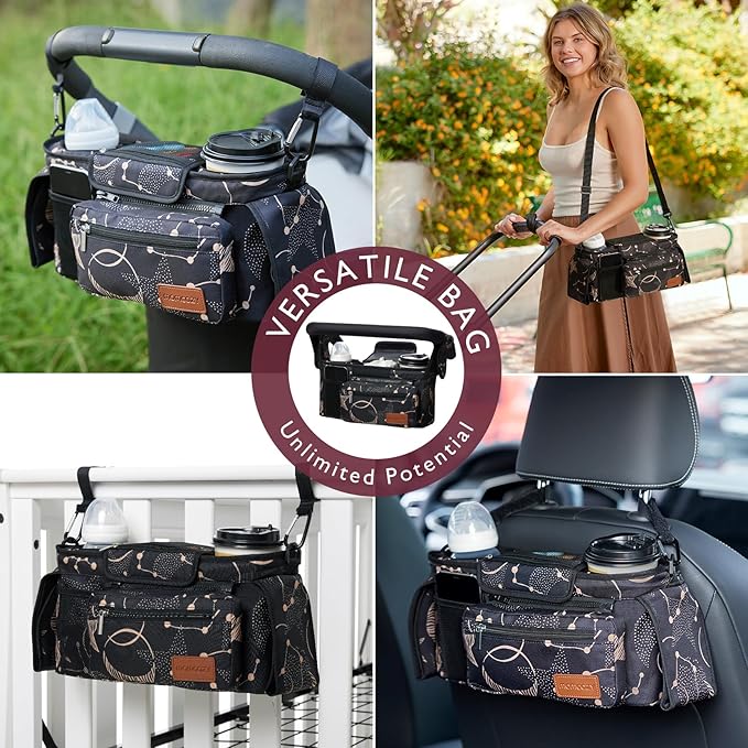 Momcozy Universal Baby Stroller Organizer, 2 Insulated Cup Holder, Detachable Zippered Pocket, Adjustable Shoulder Strap, Large capacity for baby essentials, Compact Design Fits Any Strollers