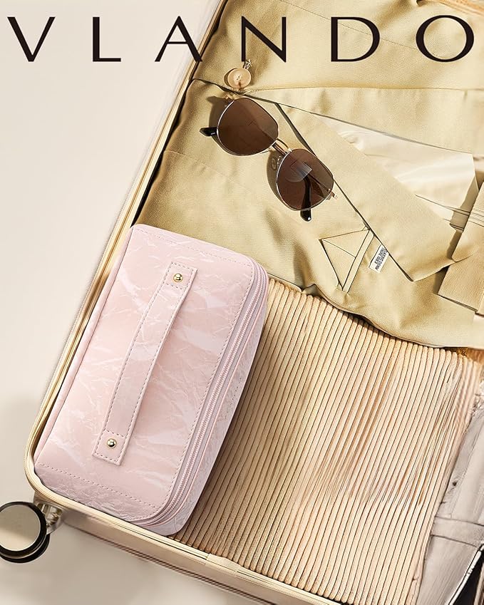 VLANDO Makeup Bag,Travel Toiletry Bag,Cosmetic Bag for Women PU Leather Portable Make up Bag for Skincare, Brushes & Travel Essentials-Sand Pink