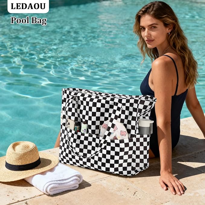 LEDAOU Large Beach Bag Women Waterproof Sandproof Zipper Beach Tote Pool Bag for Swim Gym Grocery Travel with Wet Pocket | Waterproof, Sandproof, Zipper, Pool, Gym, Grocery