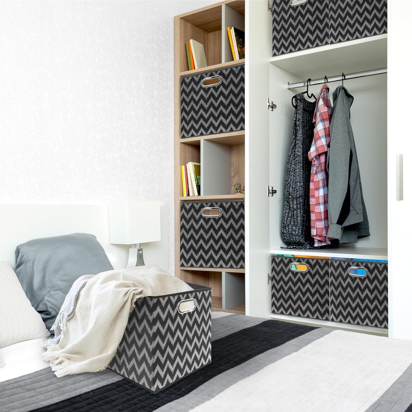 SIMPLE HOUSEWARE 13-Inch Collapsible Fabric Cube Storage Bin with Handles, Printed Design, 3 Pack, Black