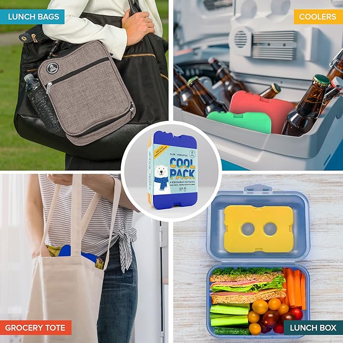 Healthy Packers Ice Packs for Lunch Boxes & Coolers - Original Cool Pack | Slim & Long-Lasting Reusable Ice Pack for Lunch Bags | Freezer Packs for Coolers (Set of 4)