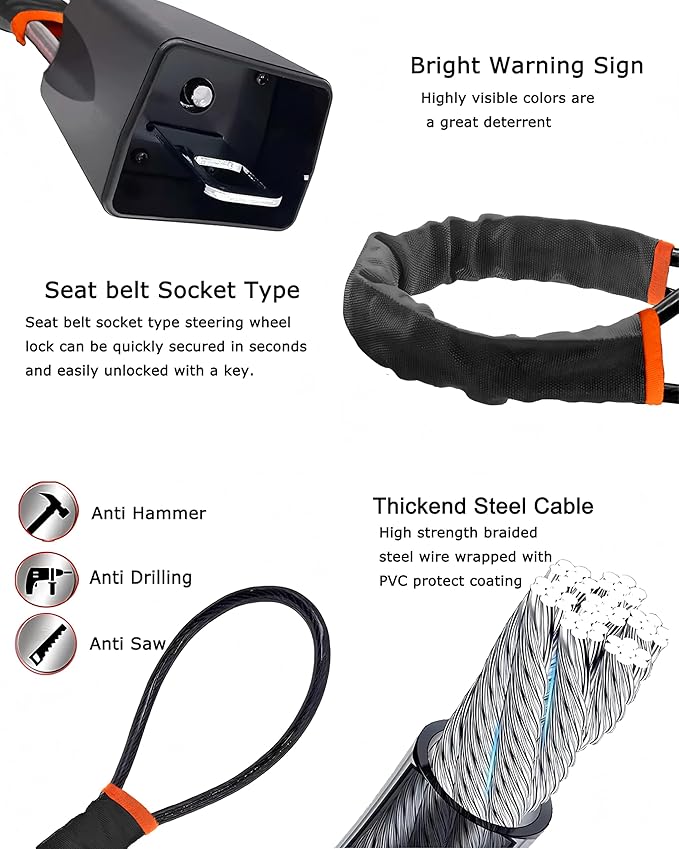 Universal Car Steering Wheel Lock and Seatbelt Lock, O-MKAC Double-Layer Anti-Theft Device with 3 Keys, Fits Most Cars, SUVs, Vans, Trucks, 17 Inch Adjustable, Lightweight & Portable (Black)