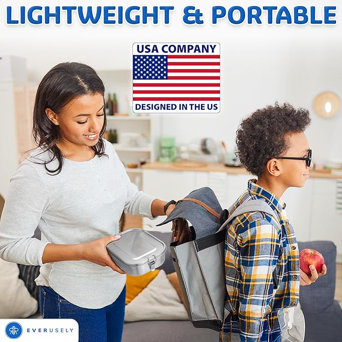 Everusely - Stainless Steel Lunch Box - 47 oz / 1.4 L, 2 Adjustable Dividers - Leakproof Snack and Salad Bento Containers for Adults - Food Storage Boxes with Lids for Work, Picnics, Travel