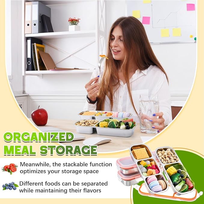 4 Pcs 304 Stainless Steel Lunch Containers Bento Boxes 38oz Salad Multipurpose with 3 and 2 Compartments Winter Party Reusable Large Box with Lids Divided Containers for Snack Dip Sandwich (Orange)