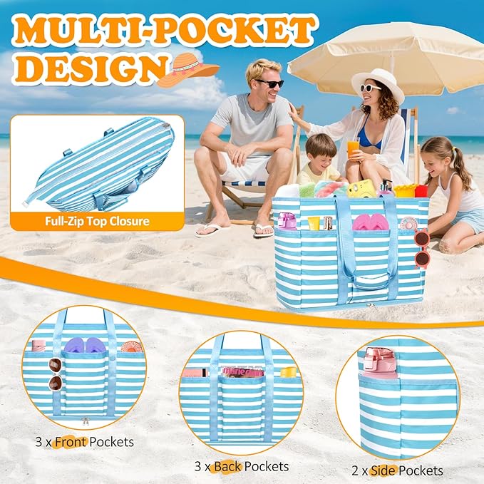 Large Beach Bag with Zipper, 12 Pockets Waterproof Sandproof Pool Bag Womens Mesh Beach Tote Bag for Travel Vacation