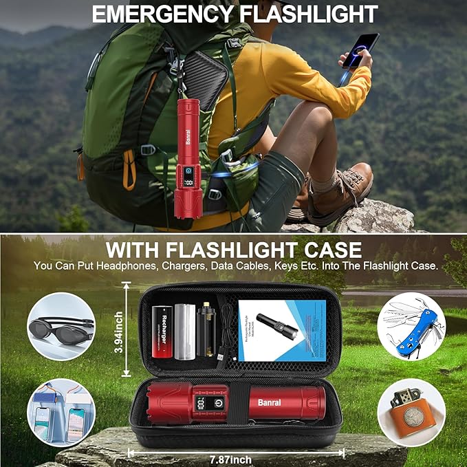 Rechargeable Tactical Flashlights 2000 High Lumens - 5000mAh Super Bright LED Powerful Flash Light, Waterproof Handheld USB C Flashlight for Home,Car,Camping,Emergencies,5 Modes,Zoomable (1, Red)