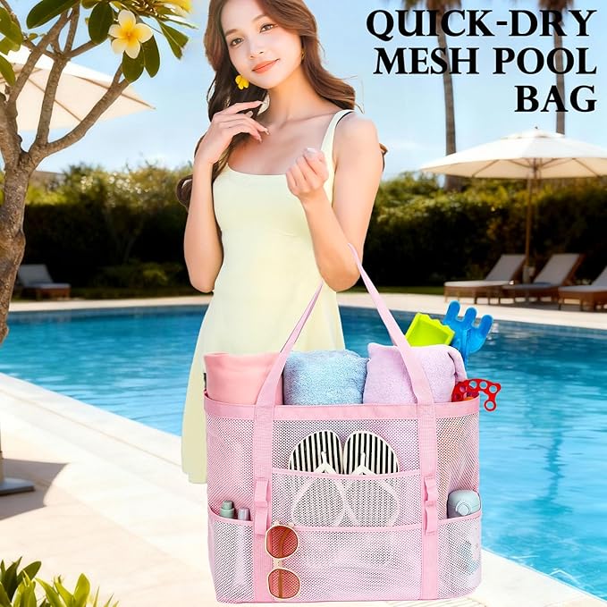 Mesh Beach Bag, Large Beach Tote with Zipper Pocket, Toys Pool Bag for Family Travel Vacation Cruise Essentials