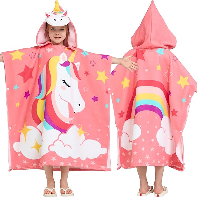 Joiedomi Kids Beach Towels with Hood for Girls Pink Unicorn Hooded Toddler Bath Towel Quick Dry Soft Microfiber 24"x24"