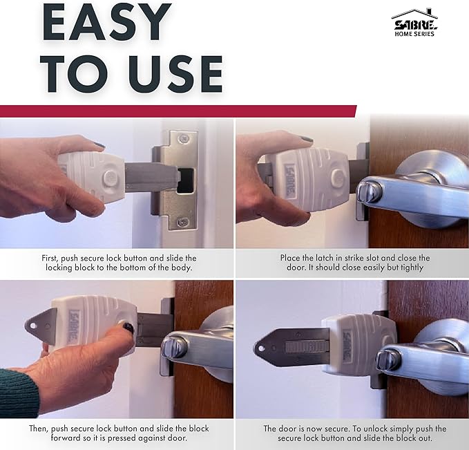 SABRE Portable Door Lock, Durable Metal Construction, Lightweight and Compact, Quick No-Tool Installation, Fits Most Inward-Swinging Hinged Doors, Requires 1/8 Inch Gap, For Houses, Apartments, Condos