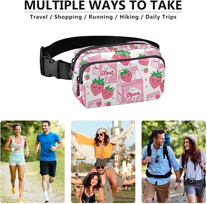 Kawaii Pink Strawberry Milk Fanny Pack for Women Men Water Resistant Fashion Waist Packs with Adjustable Strap Belt Bag for Travel Workout Jogging Hiking 21219125