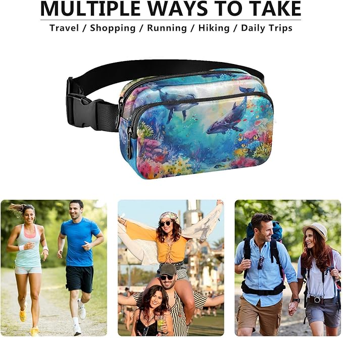 Watercolor Ocean Sea Whales Coral Fanny Pack for Women Men Water Resistant Fashion Waist Packs with Adjustable Strap Belt Bag for Travel Workout Jogging Hiking 21220600