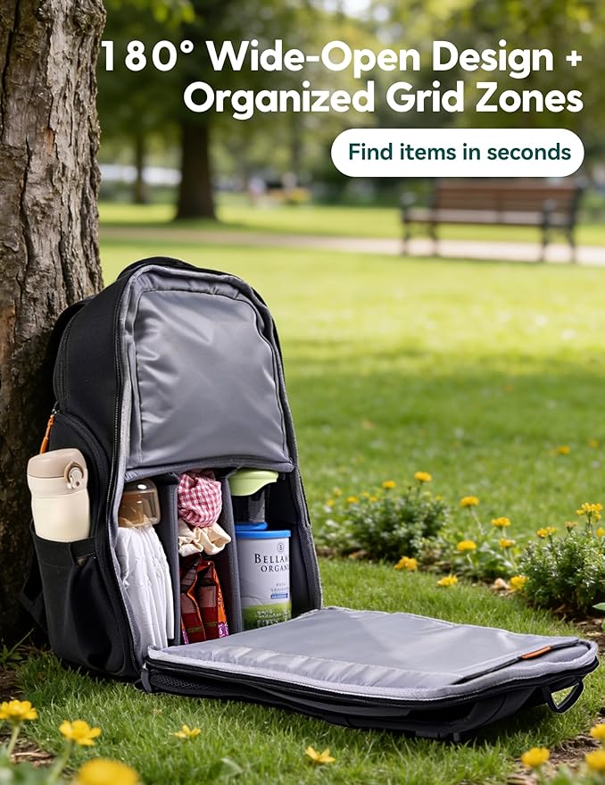 BABELIO Grid Wizard Diaper Bag Backpack - Multi Function Waterproof Diaper Bag, Travel Essentials Baby Bag with Insulated Bottle Holders, Baby Shower Gifts, Black