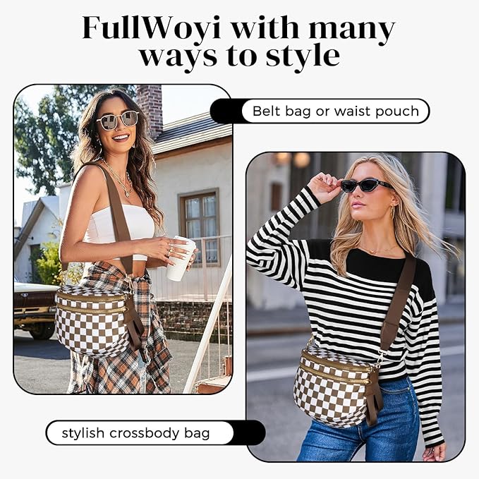 Spacious Nylon Checkered Crossbody Bum Bag for Women, Fashion Checkerboard Fanny Pack Purse with Anti-theft Pocket, Adjustable Wider Strap Wasit Bag (White-Brown)