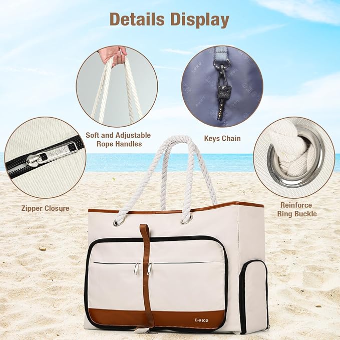 Beach Bag for Women - 35L Large Tote Bag, Waterproof & Sandproof, Zippered Carry On Bag for Pool, Beach & Travel