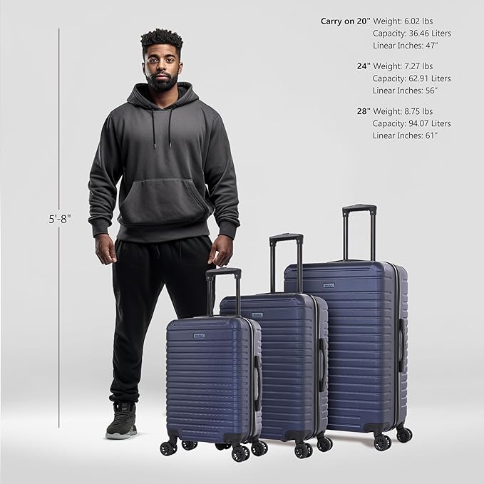 InUSA DEEP Luggage Set with Dual Spinner Wheels and Studs | Spacious Travel Suitcases with Ergonomic Handles | (20/24/28) 3 Piece Hardside Luggage Set | Blue