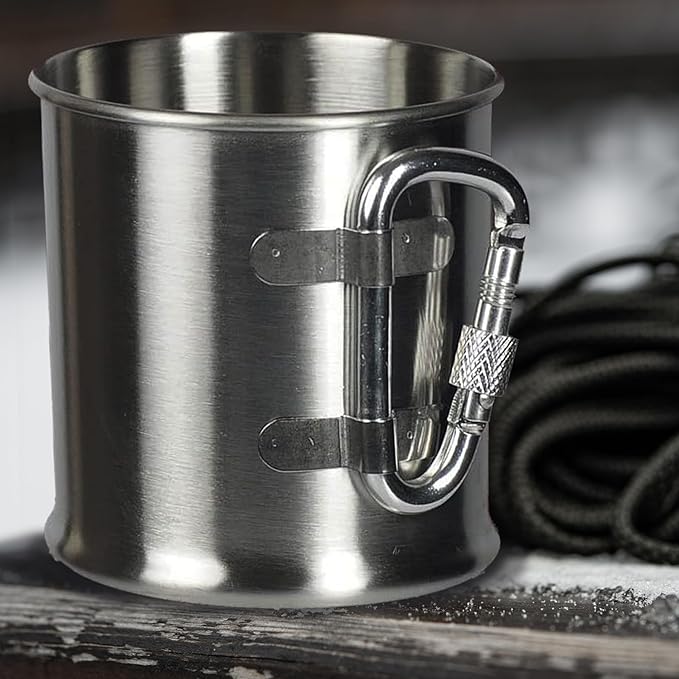 M-Tac 8.5oz Camping Mug with Collapsible Carabiner Handle - Stainless Steel Travel Cup for Hiking Coffee Tea
