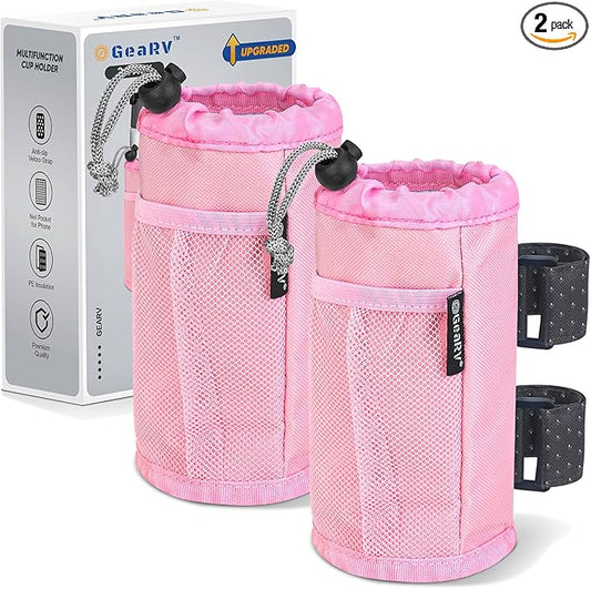 GEARV 2Pack Cup Holder for Bike, Scooter and Wheelchair, Water Bottle Holder for UTV/ATV, Walker, Golf Cart and Beach, Universal Drink Holder Accessories with Net Pocket and Cord Lock (Pink)
