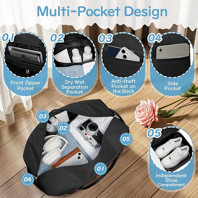 Travel Duffle Bag,Weekender Bags for Women with Shoe Compartment Personal Item Travel Bag Carry on Overnight Bags For Airplanes Gym Duffel Bag with Wet Pocket Hospital Bag for Labor and Delivery Black