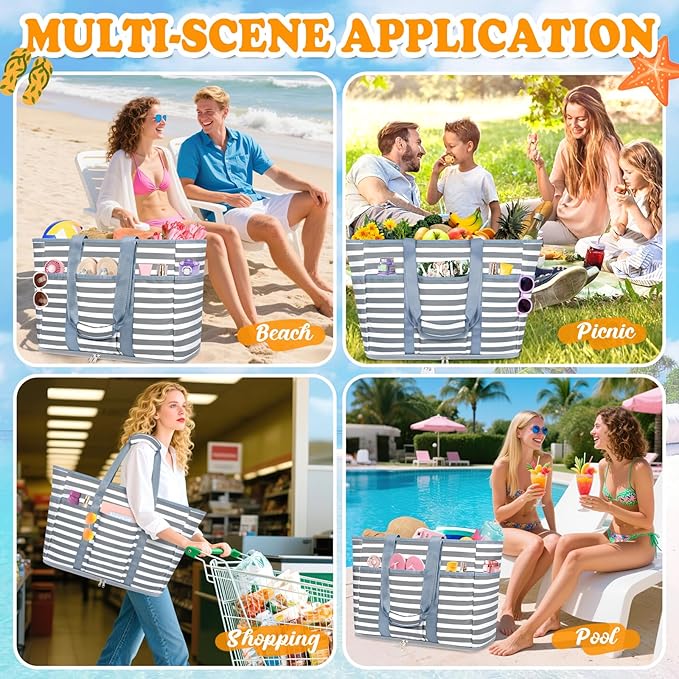 Large Beach Bag with Zipper, 12 Pockets Waterproof Sandproof Pool Bag Womens Mesh Beach Tote Bag for Travel Vacation