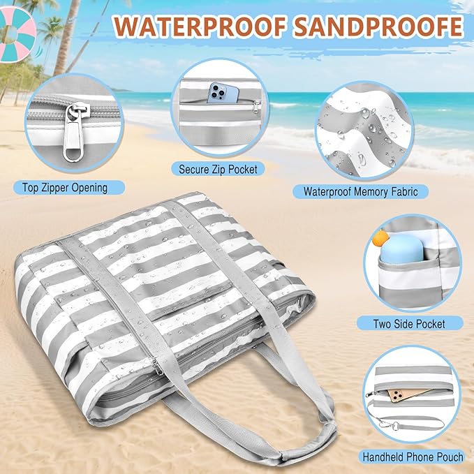 Extra Large Beach Bags for Women, Waterproof Sandproof Beach Tote Bag Foldable Swim Pool Bag with Zipper and Wet Pocket