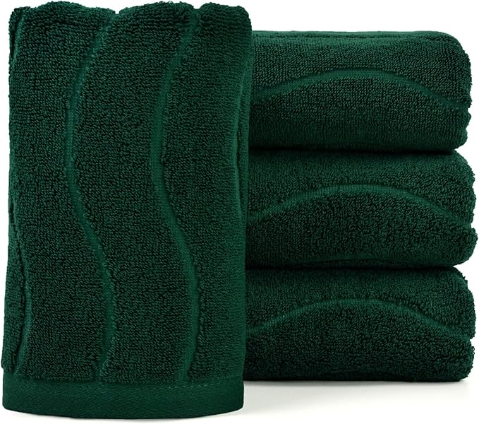 Jacquotha 4-Piece Hand Towels Set in Forest Green, Wavy Striped Jacquard Towels for Bathroom Kitchen Gifts (13x29 Inches, 100% Cotton)
