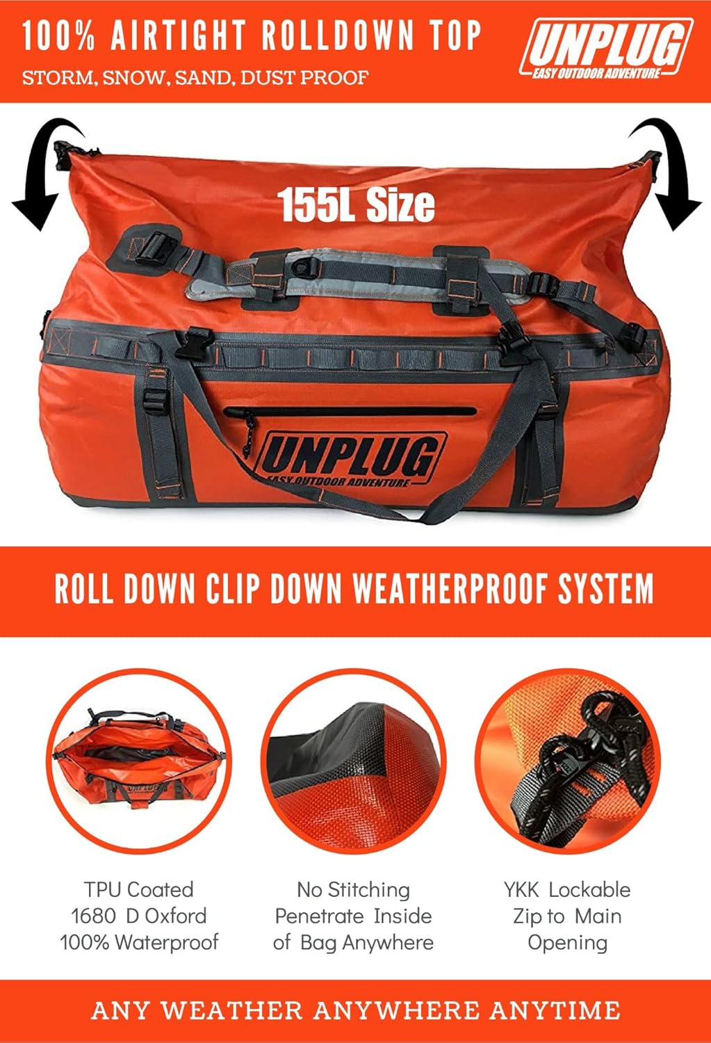UNPLUG Ultimate Adventure Bag | 1680D Heavy Duty Waterproof Bag | Large Travel Duffle Bag which can be Used for Camping, Motorcycling, Boating, or Hunting (155L Adventure Orange)